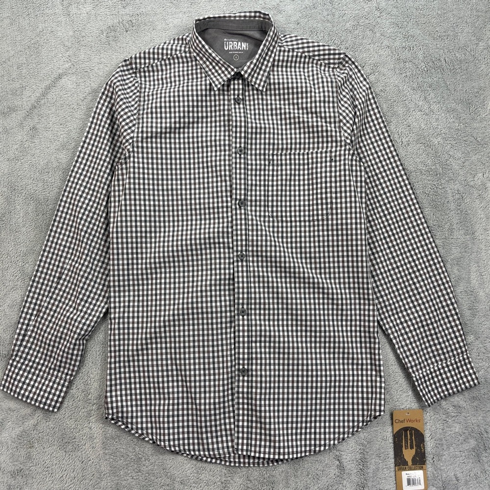 Chef Works Button Up Shirt Mens S Brown Gingham Urban Collection Long Sleeve - Picture 2 of 11